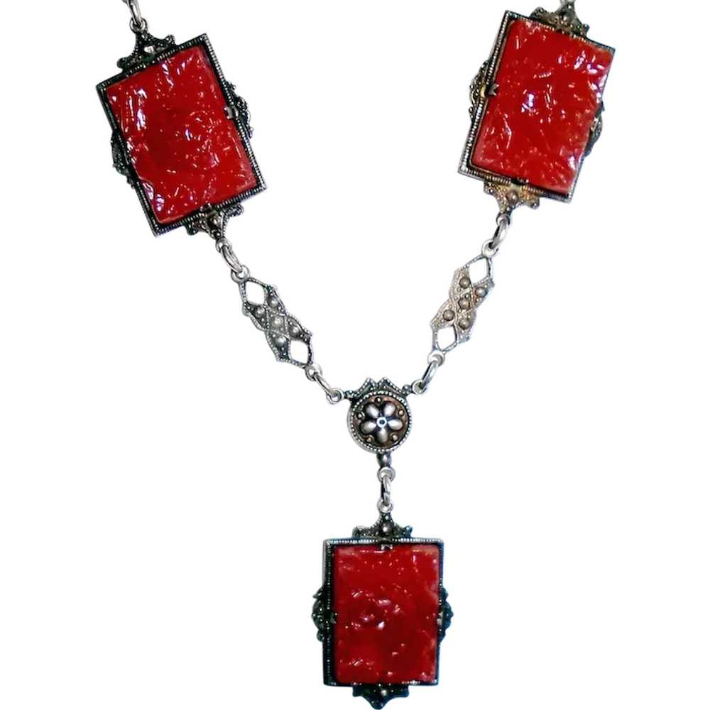 Art Deco Necklace Pressed Carnelian Glass Neiger - image 1