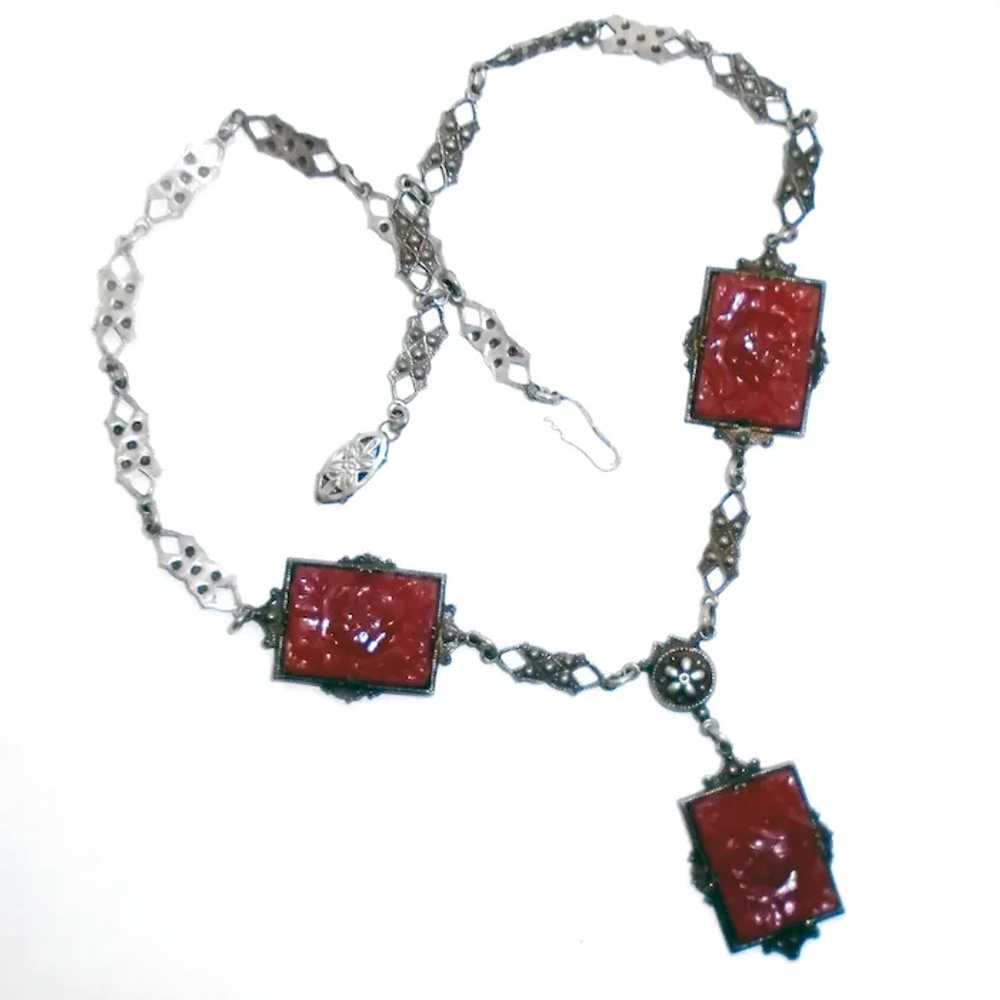 Art Deco Necklace Pressed Carnelian Glass Neiger - image 3