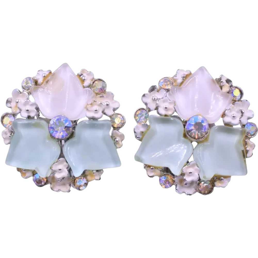 Earrings BSK Lucite Rhinestone Flower - image 1