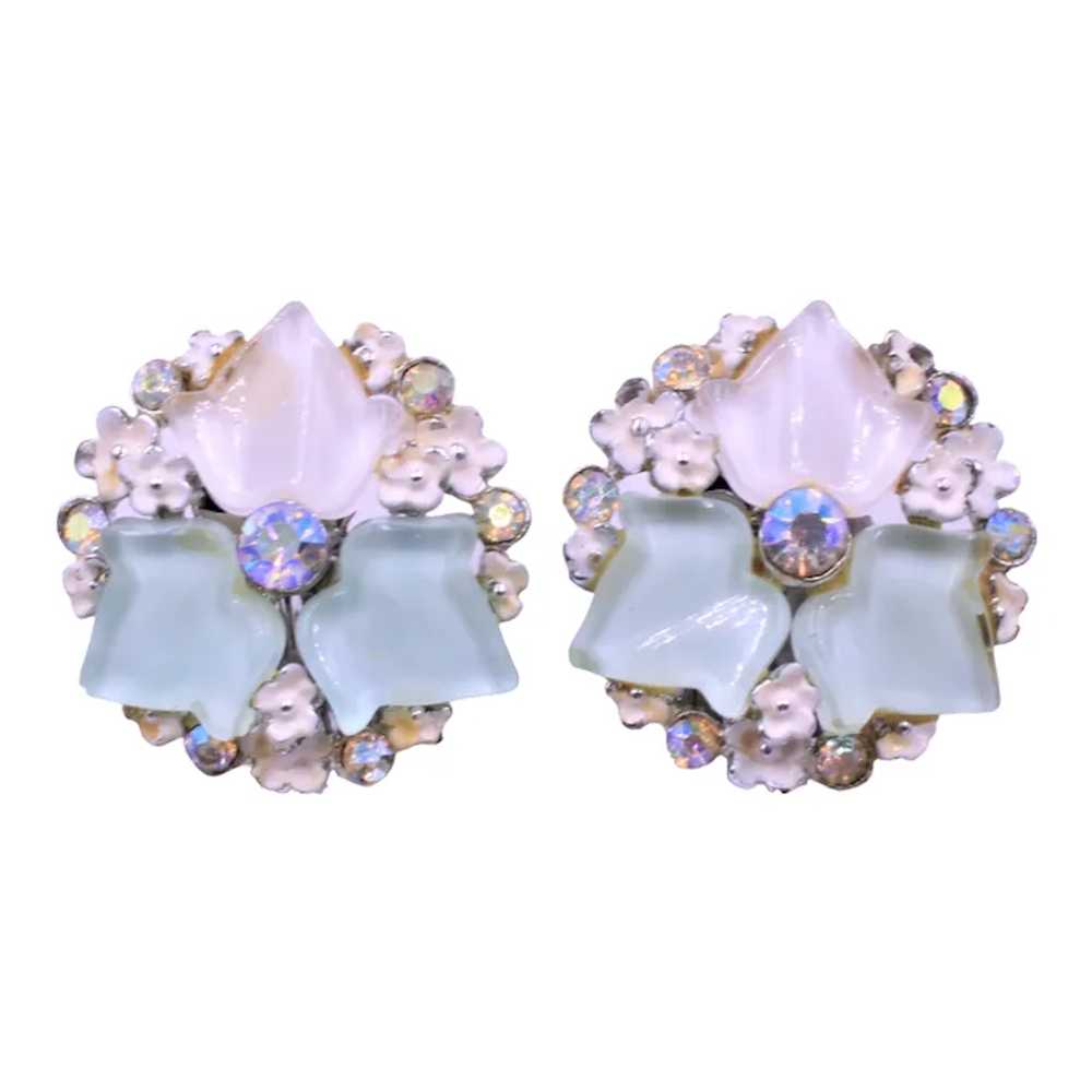 Earrings BSK Lucite Rhinestone Flower - image 2