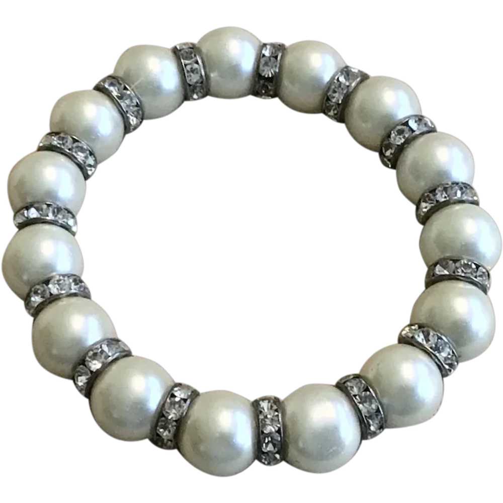 Faux Pearl & Clear Rhinestone Stretch Bracelet - image 1