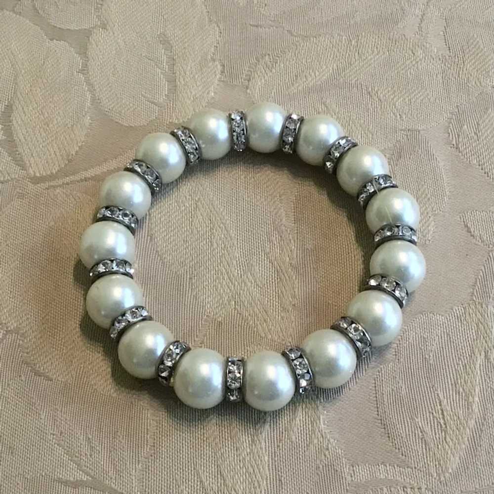 Faux Pearl & Clear Rhinestone Stretch Bracelet - image 2