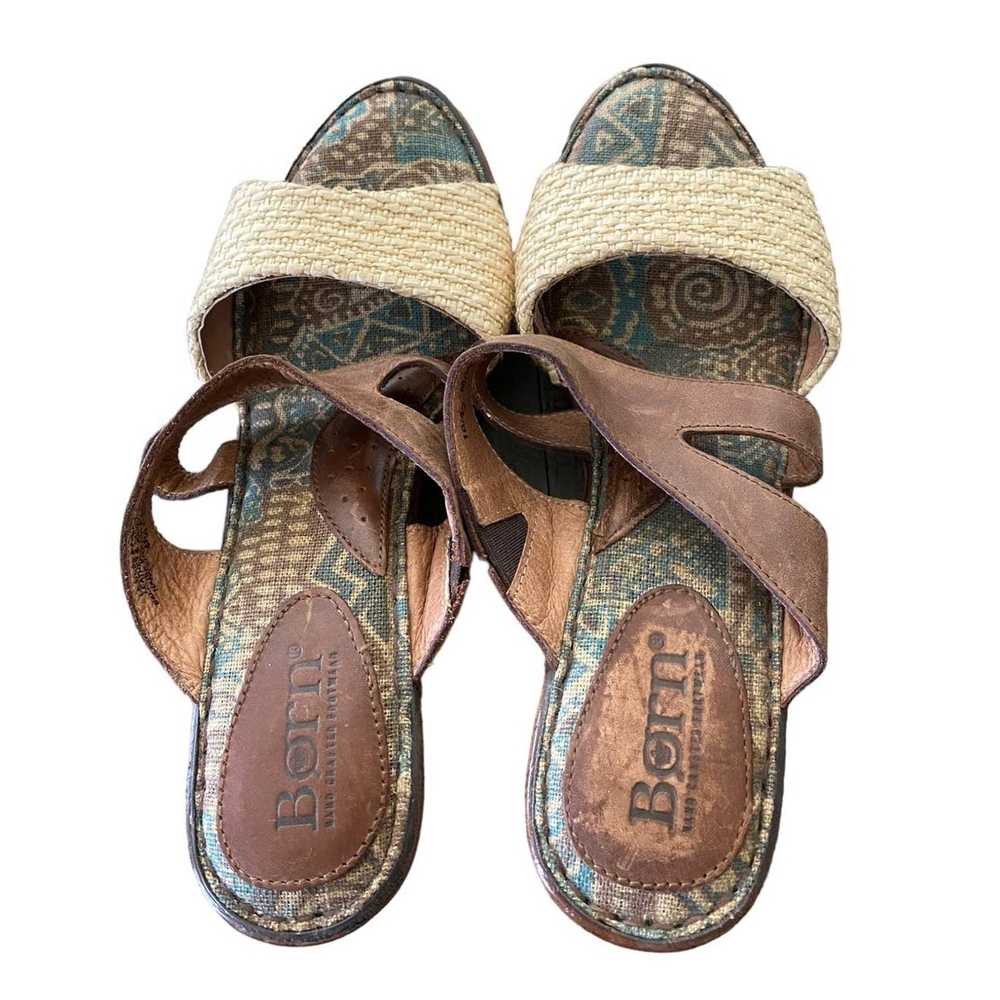 Born BORN Brown Leather Straw Rattan Wedge Sandal… - image 2