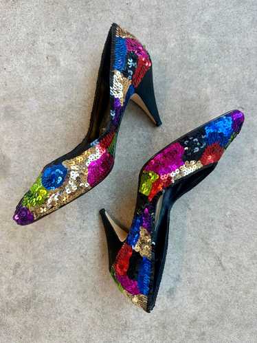 80's J. Reneé Rainbow Sequin Kitten Heels