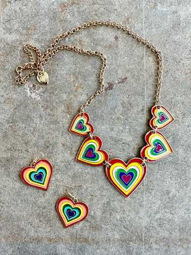 90s Betsey Johnson Rainbow Love Heart Necklace & E