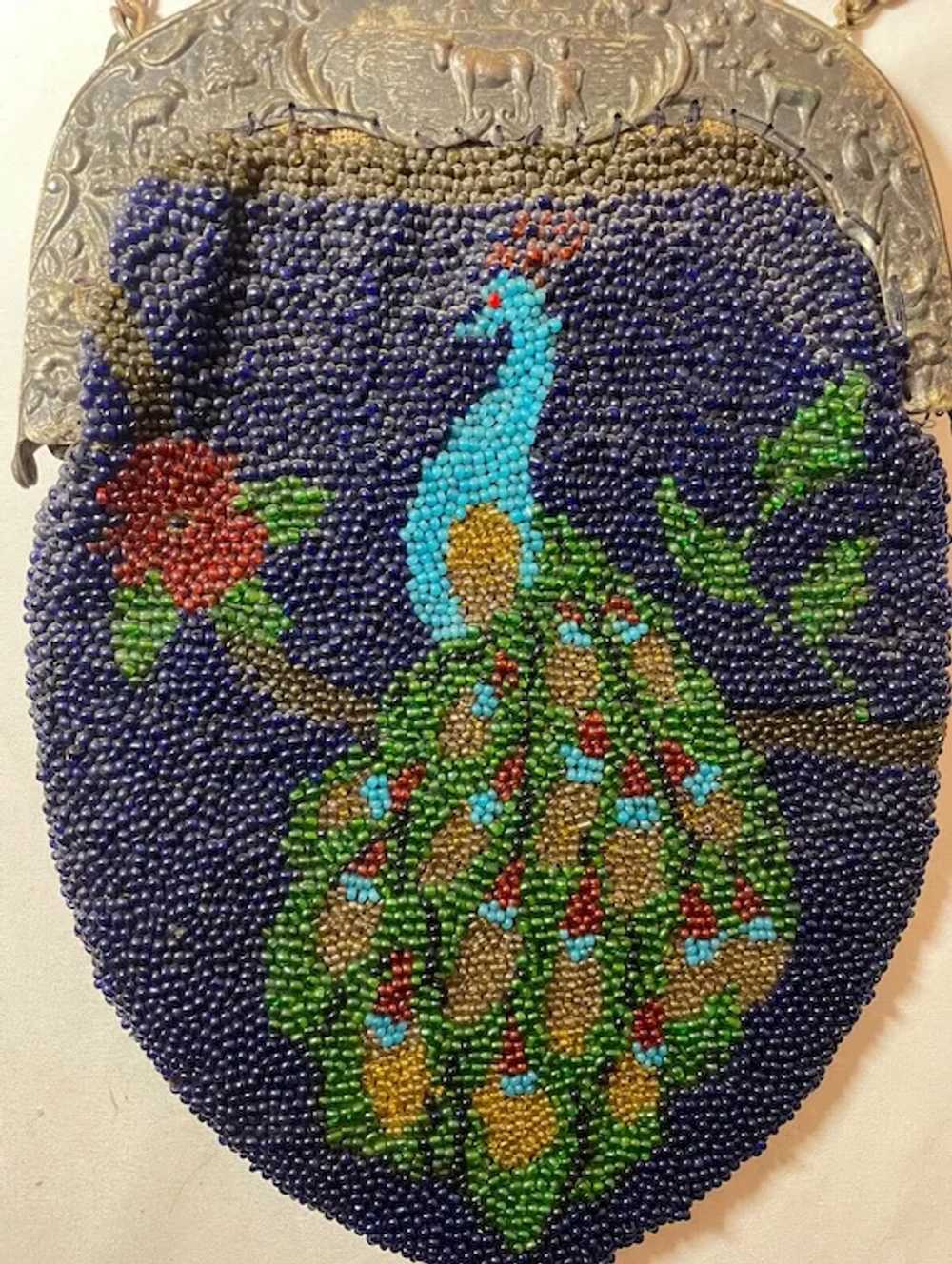 Antique handmade micro glass beaded peacock mosai… - image 2