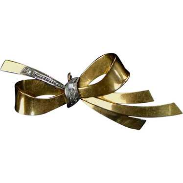 Mid-Century 14K Rose Gold Diamond Bow Pin - image 1