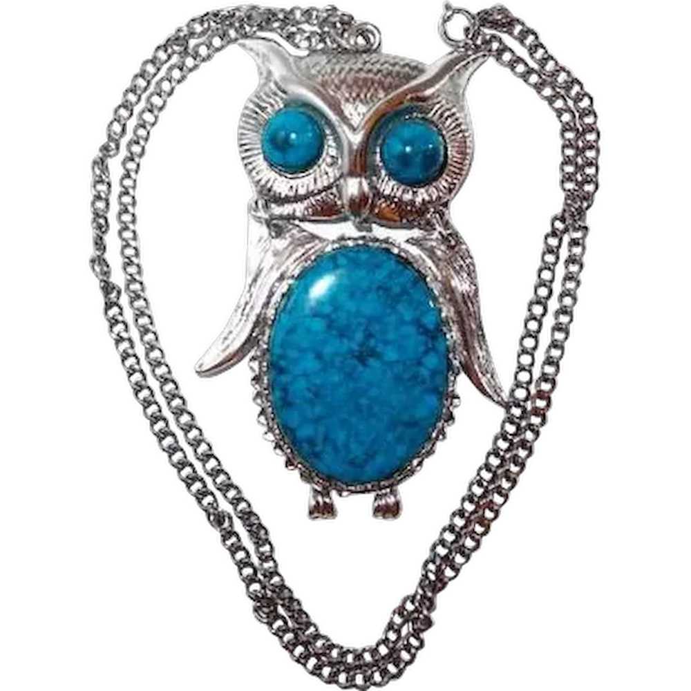 Articulated Owl Faux Turquoise Pendant Necklace - image 1