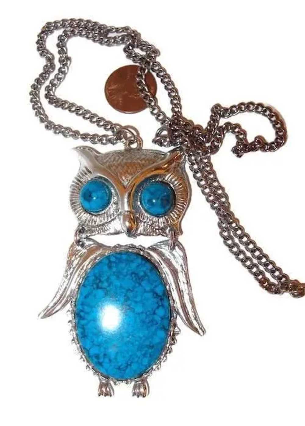 Articulated Owl Faux Turquoise Pendant Necklace - image 3