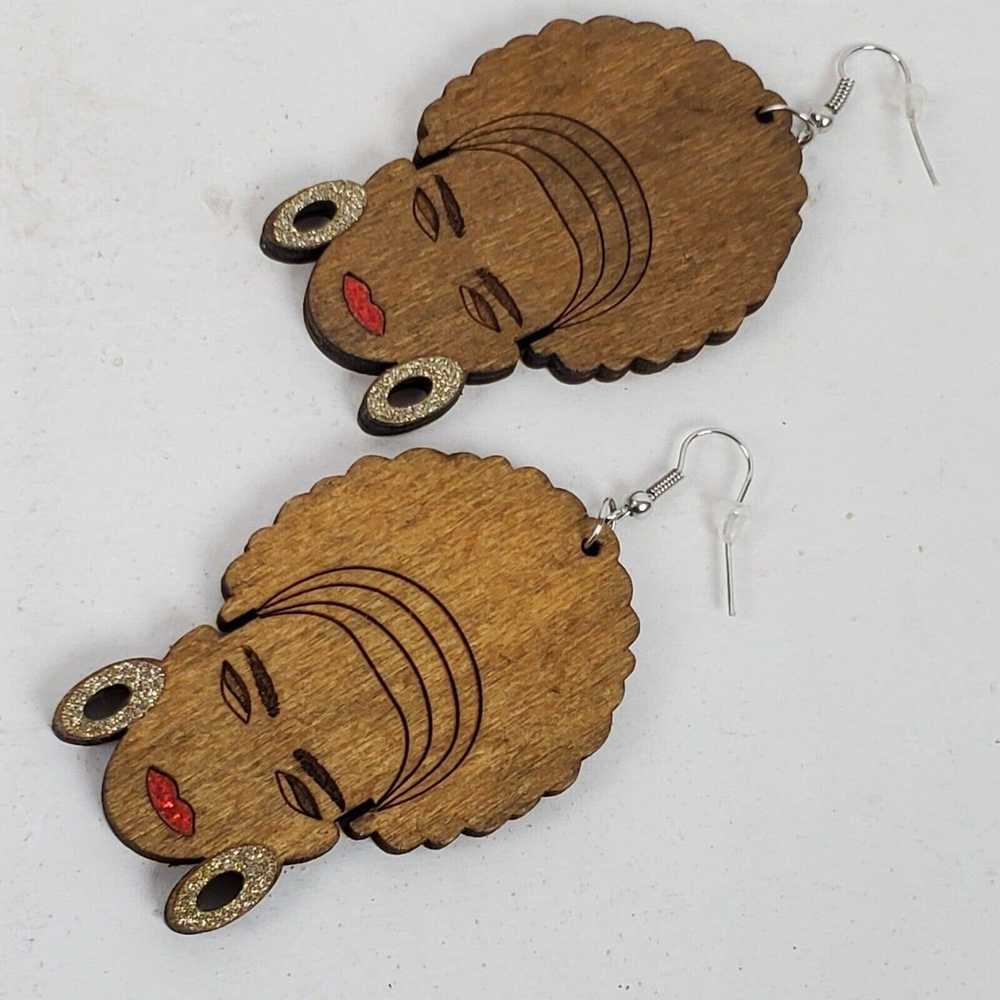 Handmade Vintage Woman w/ Big Hair Wood Earrings … - image 1