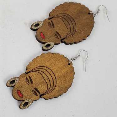 Handmade Vintage Woman w/ Big Hair Wood Earrings … - image 1