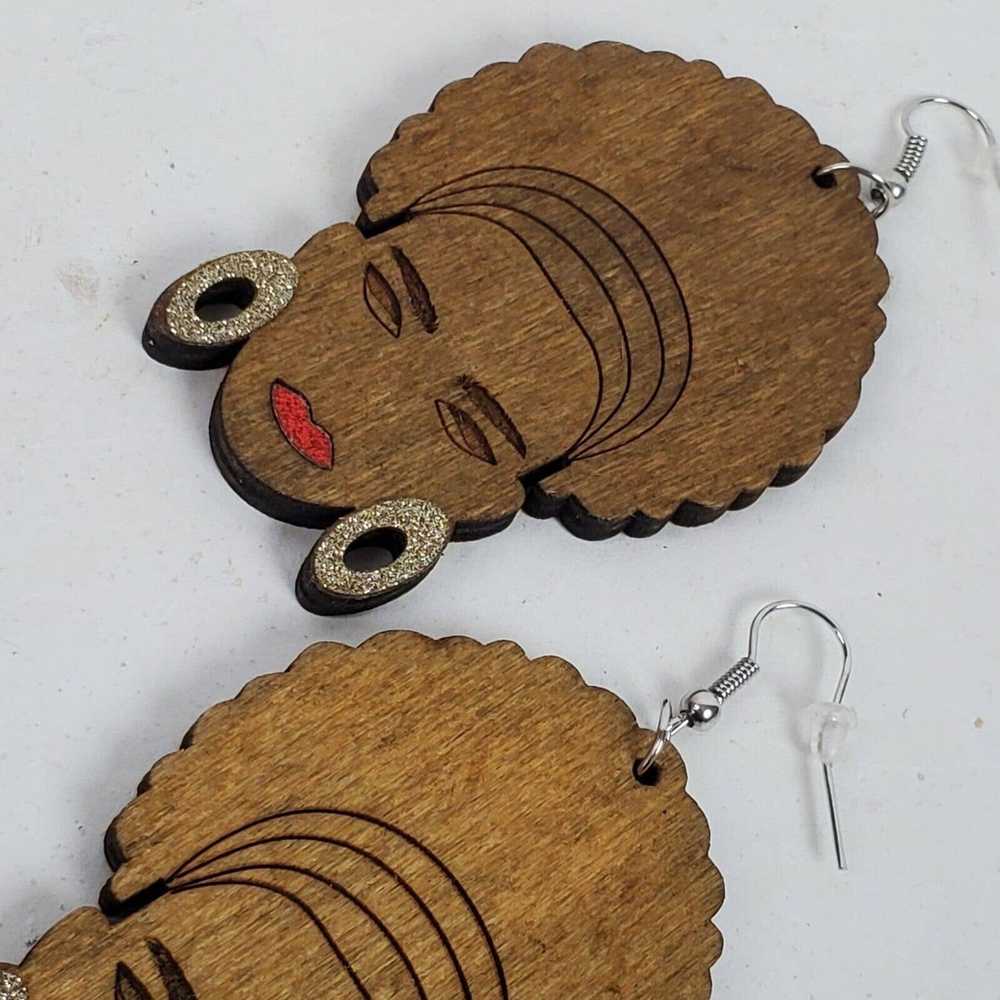 Handmade Vintage Woman w/ Big Hair Wood Earrings … - image 3