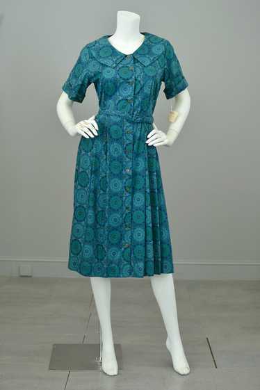 1950s Peacock Feather Medallion Print Shirtwaist D