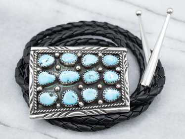 Sterling Silver Vintage Leather and Turquoise Bolo - image 1