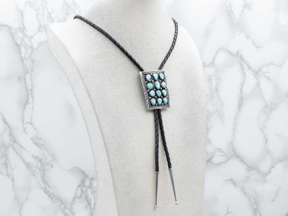 Sterling Silver Vintage Leather and Turquoise Bolo - image 4
