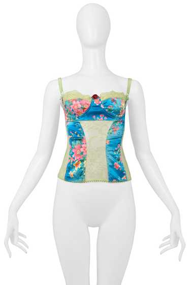 DOLCE & GABBANA BLUE FLORAL & GREEN LACE CAMISOLE… - image 1