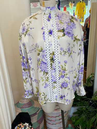 Socapri Silk white blouse with purple floral print - image 1