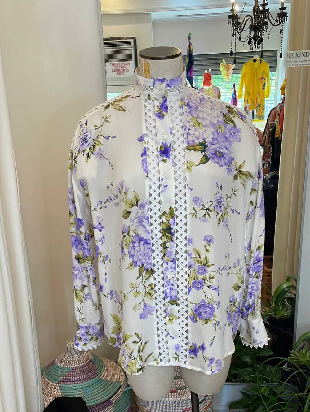 Socapri Silk white blouse with purple floral print - image 2