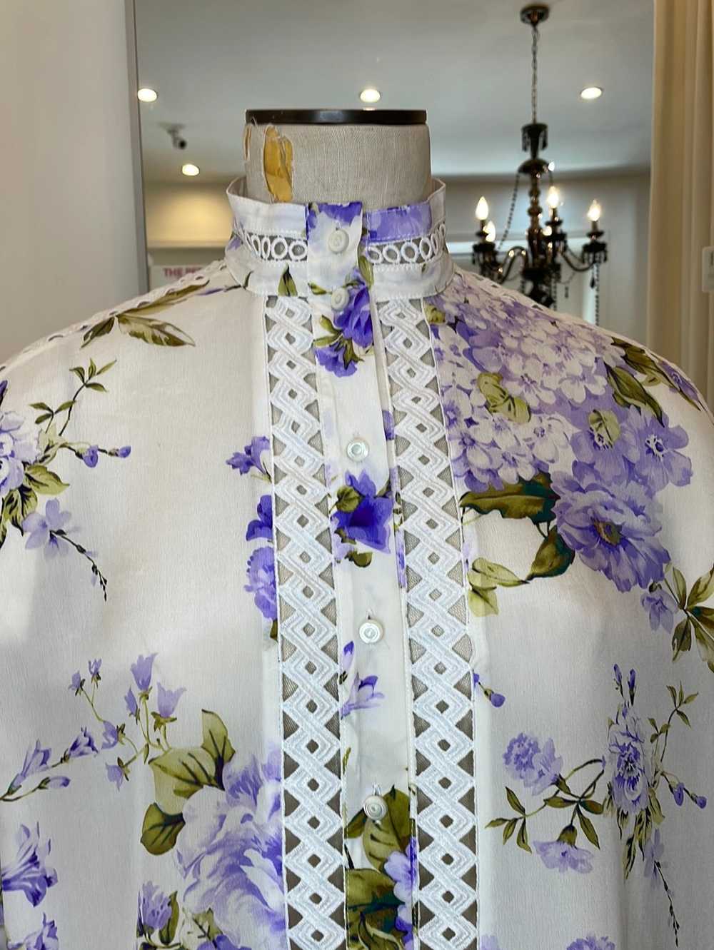 Socapri Silk white blouse with purple floral print - image 3