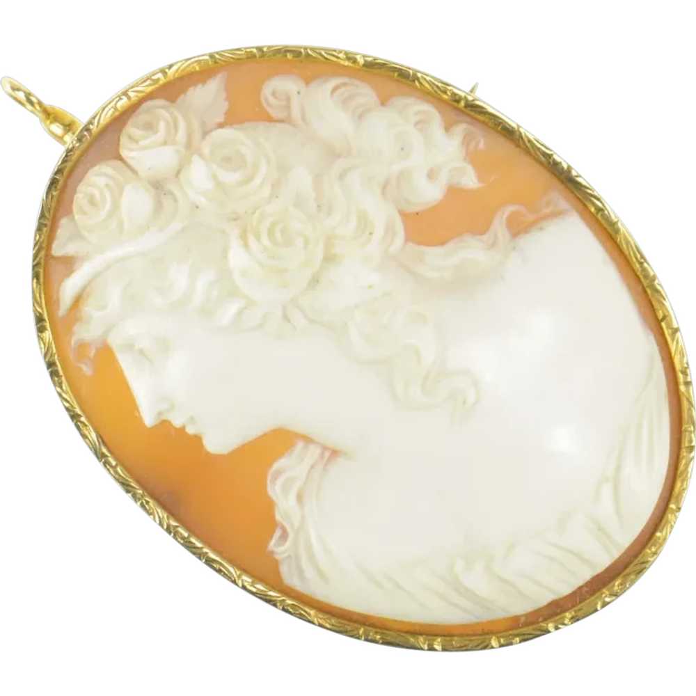 14K Victorian Elaborate Carved Shell Cameo Pendan… - image 1