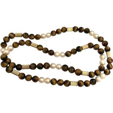 Vintage Tiger Eye Genuine Pearls Necklace