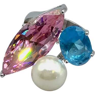 Costume Ring Size 8 Pink and Blue Glass Stones wi… - image 1