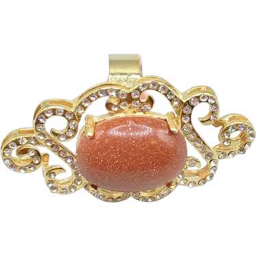 Goldstone Ring Size 8 Ornate Gold Tone & Rhinesto… - image 1