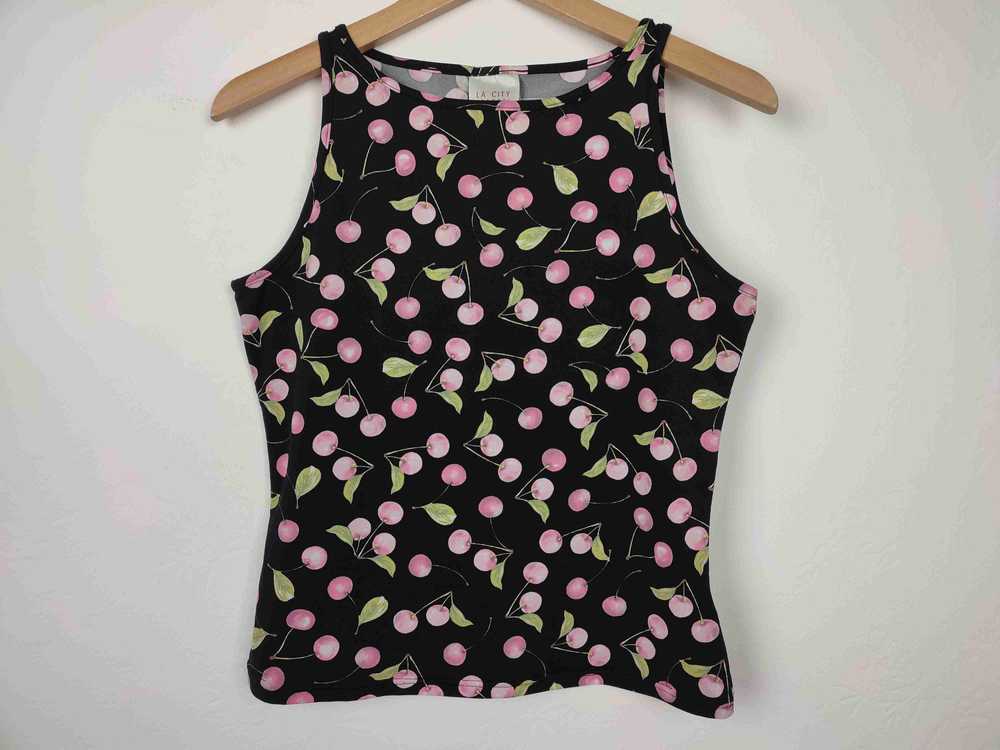 cherry top - Black top with cherry pink and green… - image 2