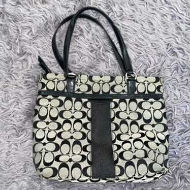 バッグ COACH F28504 Signature Tote Black Gray Coach F28504 MEDIUM Black/Gray Patent Leather & Signature C