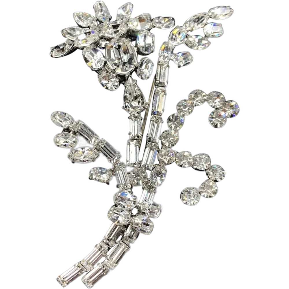 Unsigned Designer Large Diamante Floral Spray Pin - image 1