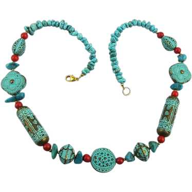 Ethnic Genuine Turquoise Red Coral Enamel Brass N… - image 1