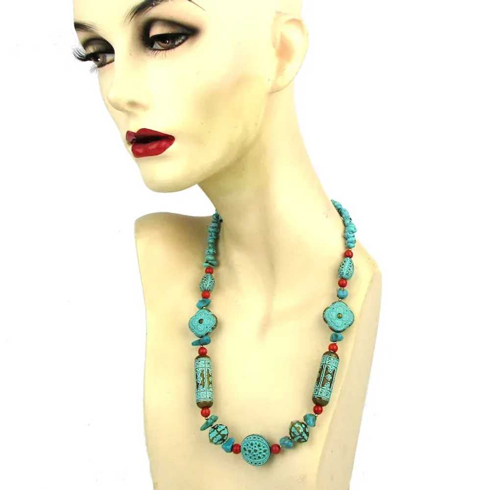 Ethnic Genuine Turquoise Red Coral Enamel Brass N… - image 2