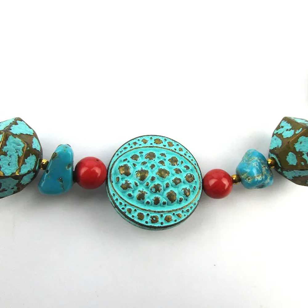 Ethnic Genuine Turquoise Red Coral Enamel Brass N… - image 3