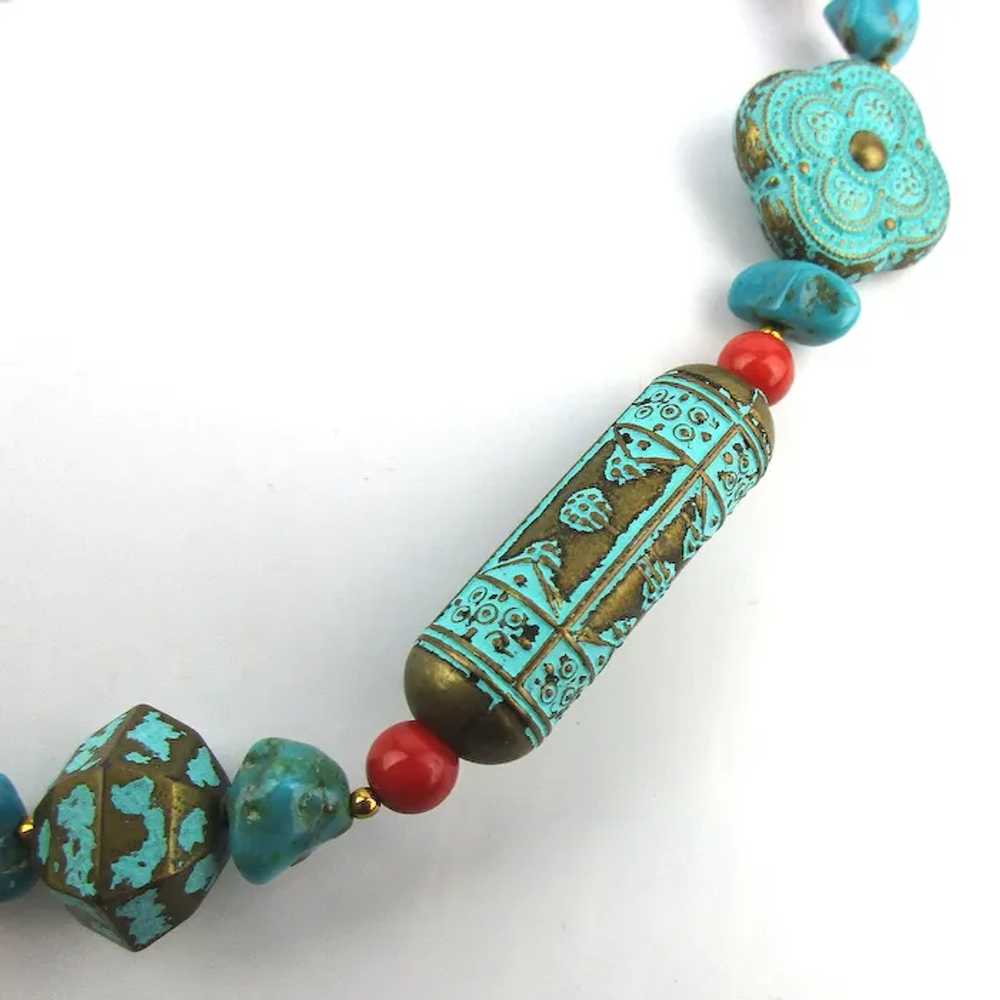 Ethnic Genuine Turquoise Red Coral Enamel Brass N… - image 4