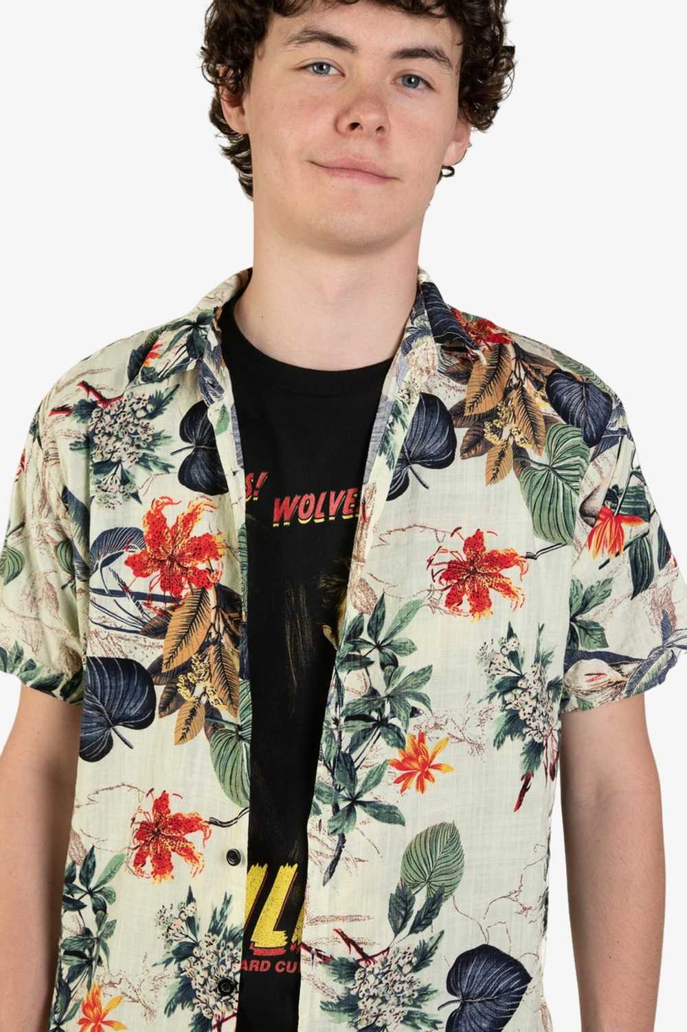 Beige & Navy Leaves Hawaiian Shirt - image 1