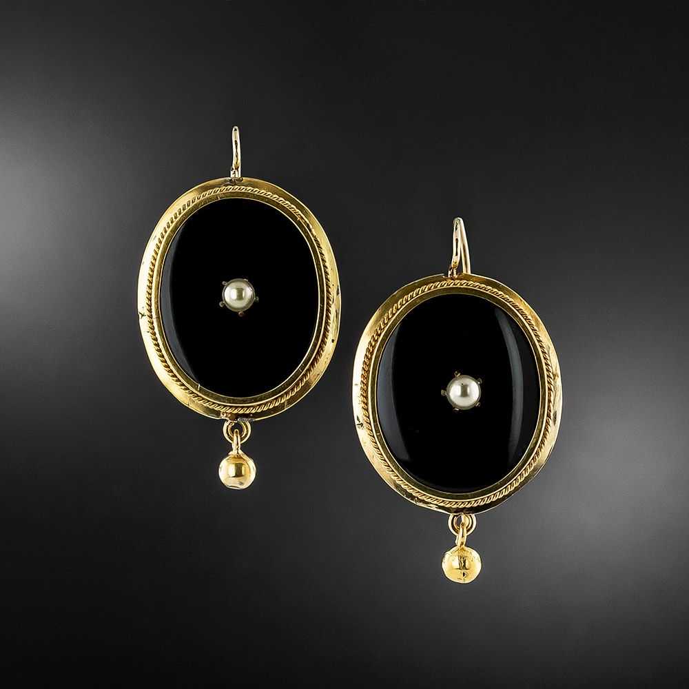 Victorian Onyx and Pearl Oval Earrings - image 1