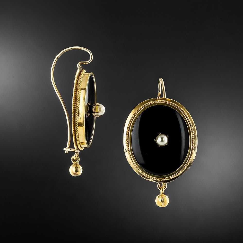 Victorian Onyx and Pearl Oval Earrings - image 2