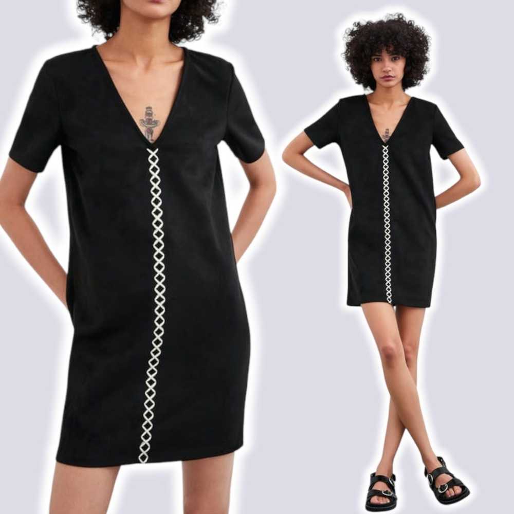 Zara ZARA Embroidered Faux Suede Shift Dress Sz M… - image 1