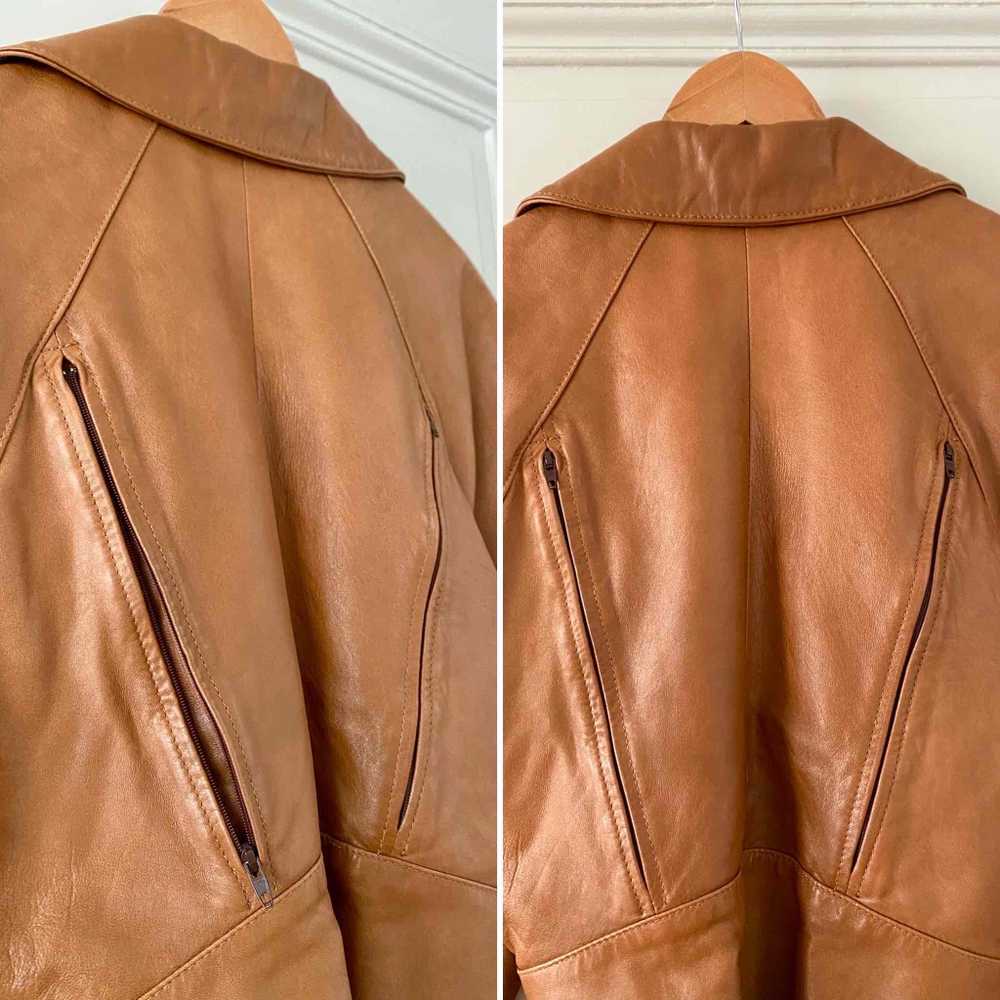 Leather biker jacket - Caramel leather cropped pe… - image 7