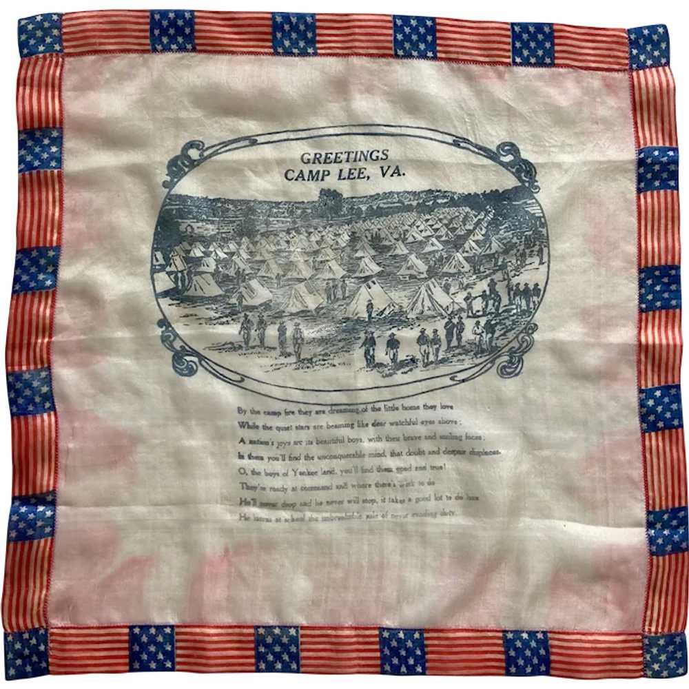 WW I Silk Handkerchief Greetings Camp Lee, Va. Fl… - image 1