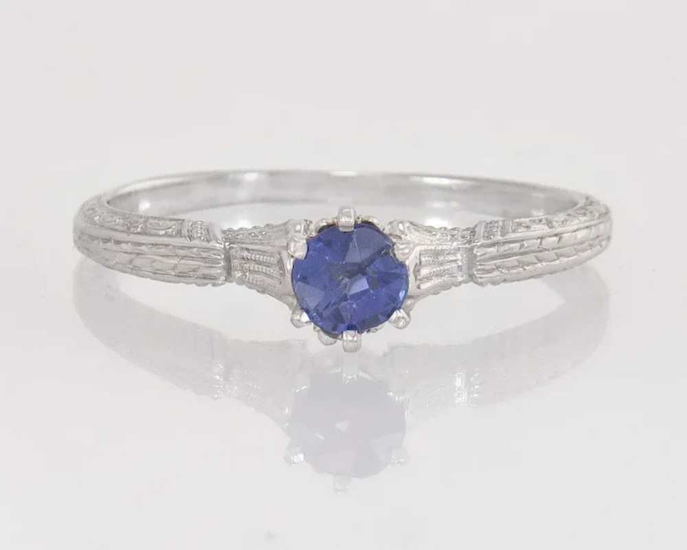 Antique .31ct Blue Sapphire 14K White Gold Art De… - image 2