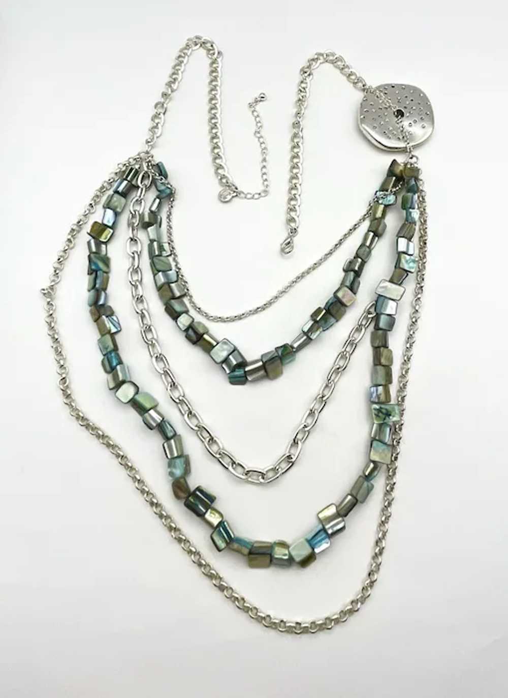 Multi Strand Polished Shell and Silvertone Neckla… - image 11