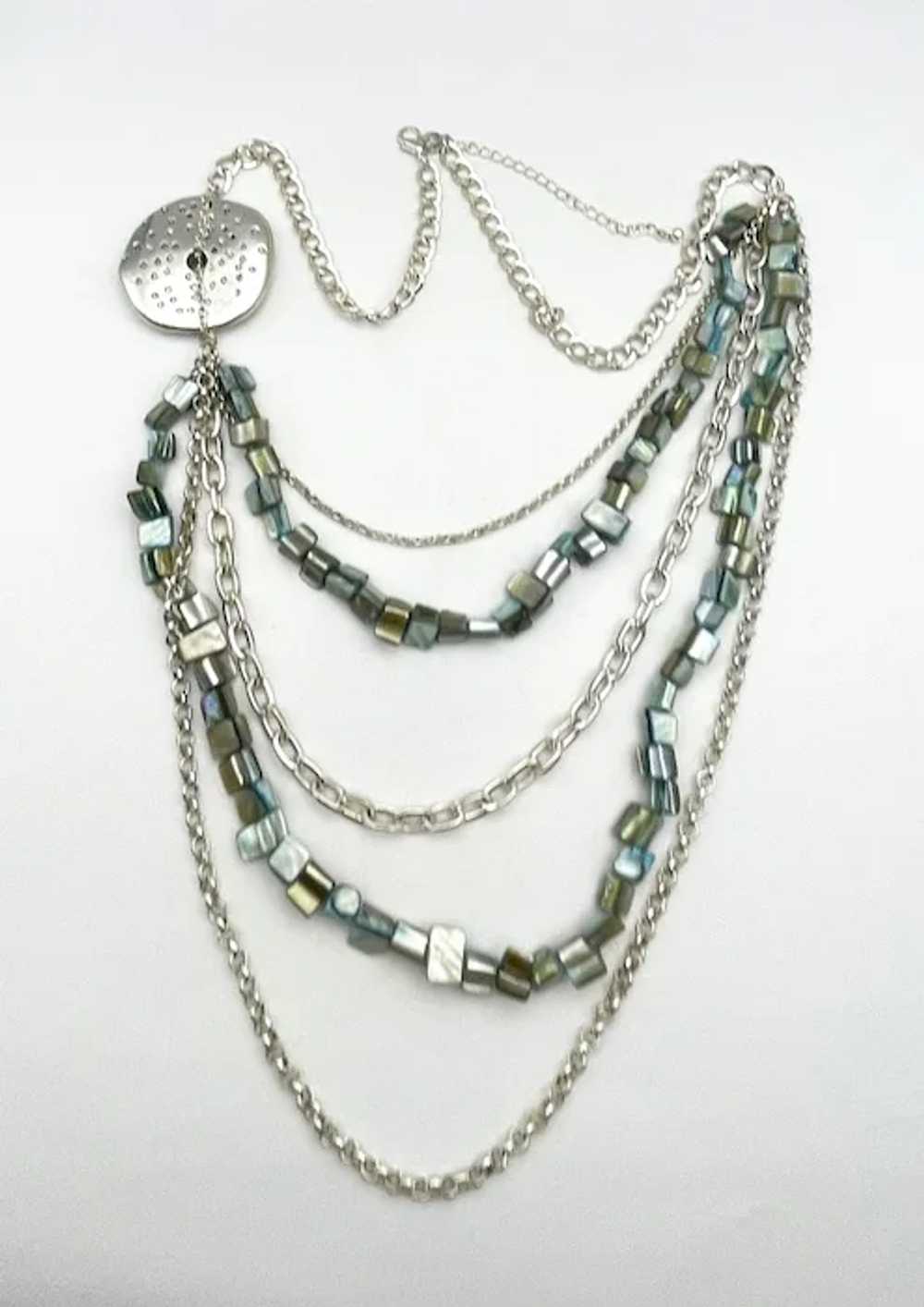 Multi Strand Polished Shell and Silvertone Neckla… - image 12