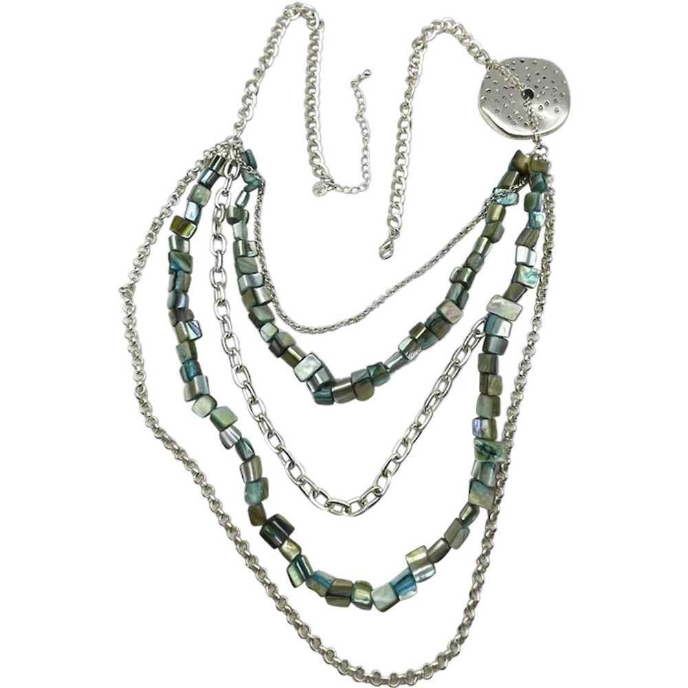 Multi Strand Polished Shell and Silvertone Neckla… - image 1