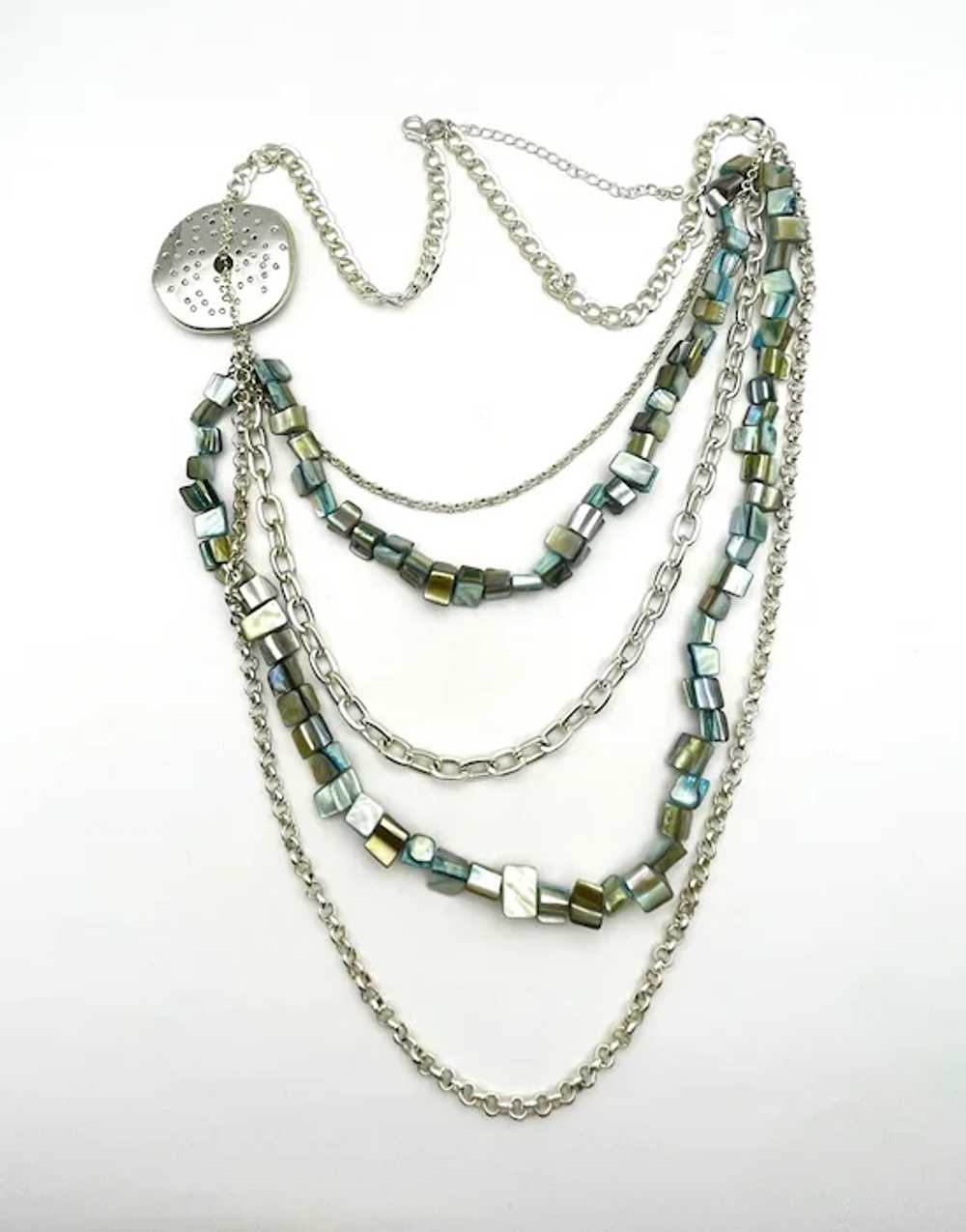 Multi Strand Polished Shell and Silvertone Neckla… - image 7