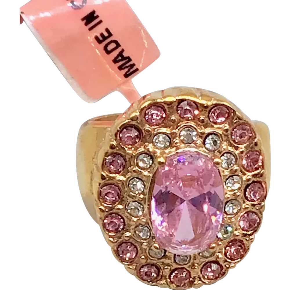 Pink Rhinestones Ring Size 8 Gold Plated with Pin… - image 1