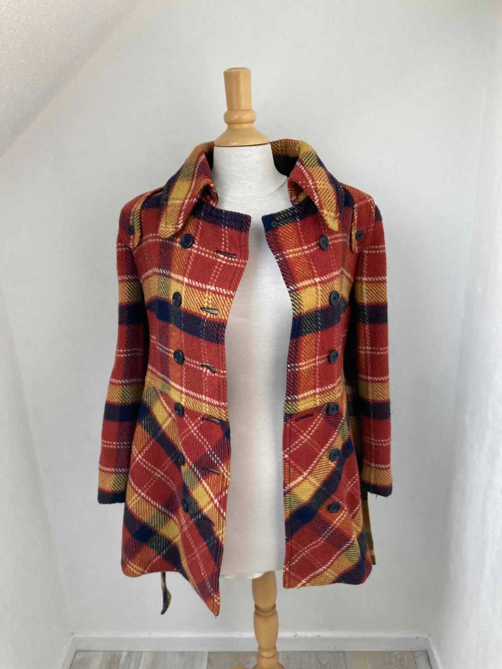 wool coat - Wool tartan coat, red satin lining, d… - image 6