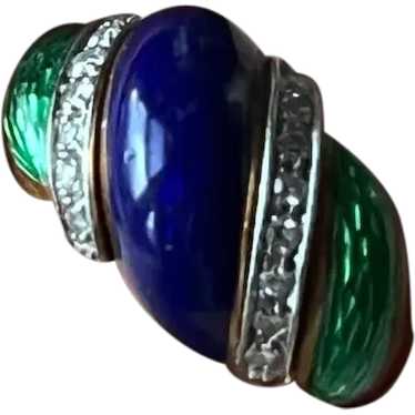 18k Green, Blue Enamel Diamond Ribbon Ring