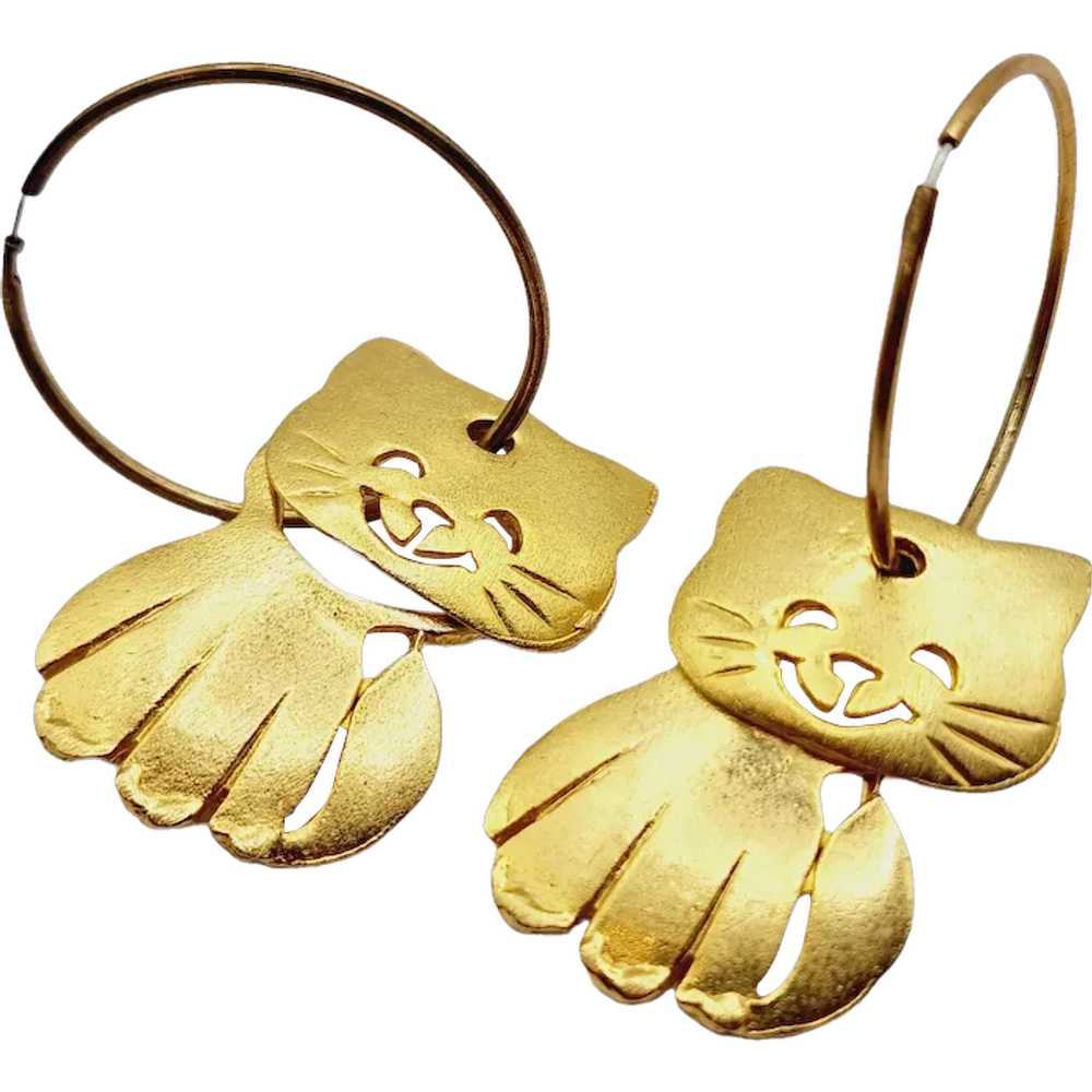 Vintage Signed Ultra Craft Cat Hoop Earrings [A69… - image 1