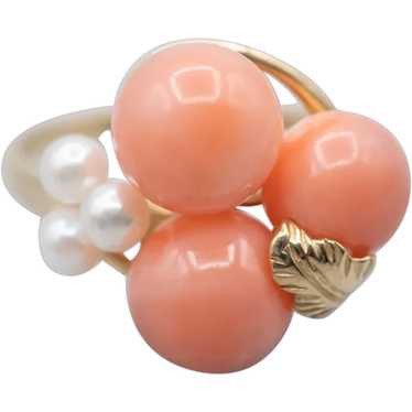 Mid Century Coral and Cultured Pearl Cluster Ring